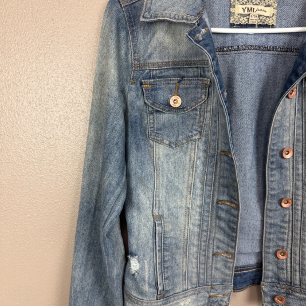 YMI Jeans Distressed Denim Jacket, Size Small - Picture 6 of 8